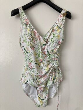 Floral Ruched One-Piece Swimsuit in White with Pastel Print